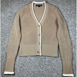 Veronica Beard Beatrice Cotton Ribbed Cardigan Sweater Stone Khaki Size XS